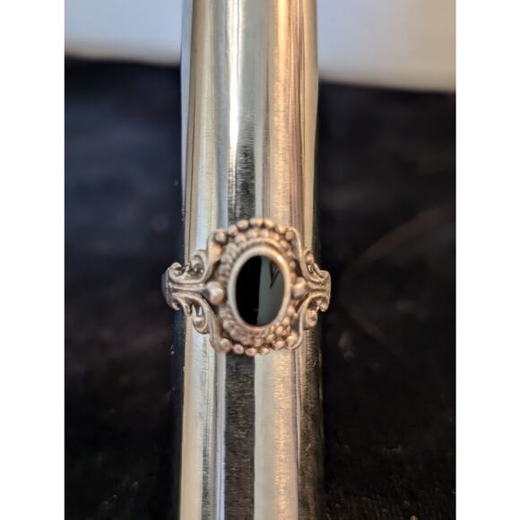 Vintage Bezel Set Black Onyx Beaded Design Sterling Silver Ring Size 5.25 - Picture 4 of 7